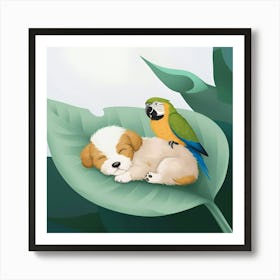 Puppy And Parrot On Leaf Art Print