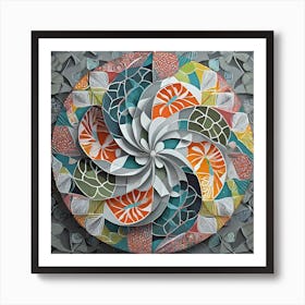 Firefly Beautiful Modern Intricate Floral Yin And Yang Japanese Mosaic Mandala Pattern In Gray, And (1) Art Print