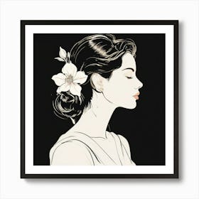 Portrait Of A Woman, A Single Elegant Line Drawing Of A Womans Profile With A Flower Art Print