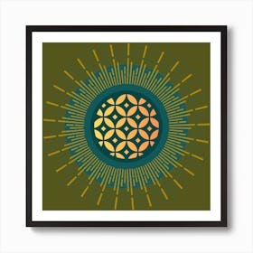 MidMod Boho Abstract Celestial Mandala Geometric in Olive, Gold, and Teal Art Print