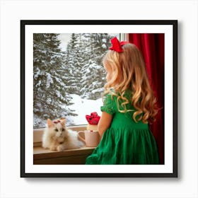 Firefly Little Girl, Blonde, Red Bow, Green Dress, Looking Out, Window, Snow Covered Forest, Fabulou Art Print