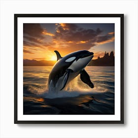 Orca Whale Jumping At Sunset art print 1 Art Print