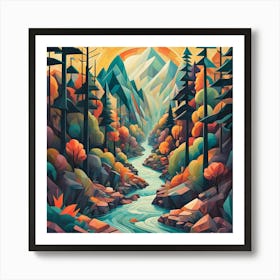 River And Mountains At Sunset Art Print