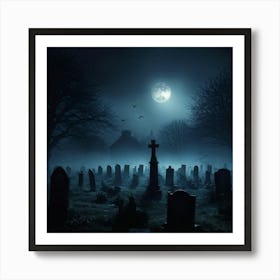 Full Moon Casting An Eerie Glow Over A Cemetery Gravestones Crooked With Names Worn By Time Mist C (4) Art Print