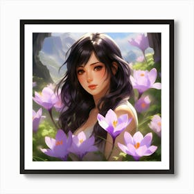 Japanese girl and Crocus flower Art Print