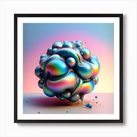 High-resolution image of a surreal, iridescent liquid blob with a glossy surface that reflects a spectrum of rainbow colors. Art Print