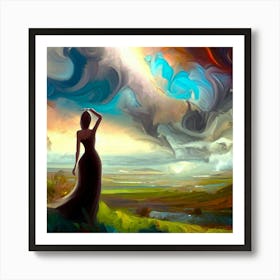 Painting Of A Woman Looking At The Sky Art Print