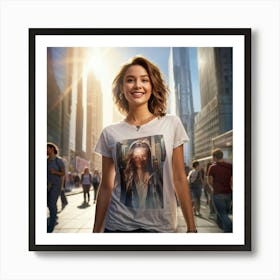 Confident Young Woman Smiling Radiantly Dressed In A Trendy T Shirt Stands At The Center Of A Bus (3) Art Print