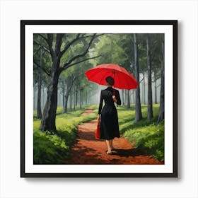 Default Woman With Black Dress And Red Umbrella Walking In The 0 Art Print