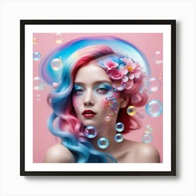 Beautiful Girl With Makeup And Bubbles Art Print