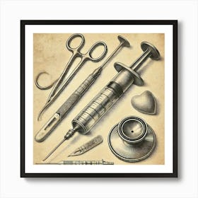 Hand Crafted Vintage Medical Instruments Printed Art An Artistic Depiction Of Classic Medical Tools, Perfect For Bringing A Touch Of Medical History And Craftsmanship To Any Space Printed Art Art Print