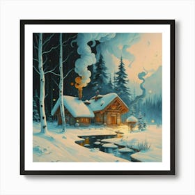 Wooden hut and falling snow Art Print