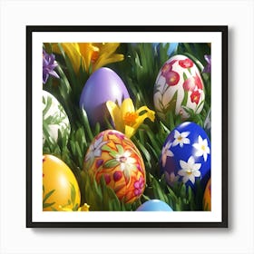 Painted Easter Eggs amongst the Daffodils Art Print