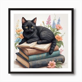 Black Cat On Books 1 Art Print