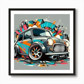 Cartoonish, stylized illustration of a Mini, vehicle Art Print