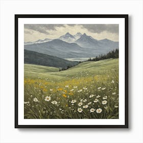 vintage oil painting of wild flowers in a meadow, mountains in the background 9 Art Print