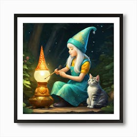 Cute Kawaii Gnome Girl Sitting And Painting Her Cats Back With Magic Brushstunning Masterpiece B 678276440 (2) Art Print