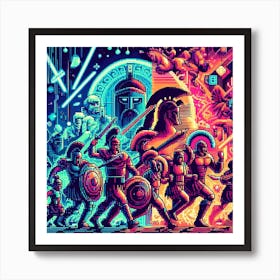 Neon Odyssey: A Digital Mosaic of the Epic Journey of Odysseus with Pixelated Characters and Objects Art Print