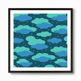 NIGHT DREAMS Dreamy Blue and Turquoise Clouds in a Navy Sky with Stars Art Print