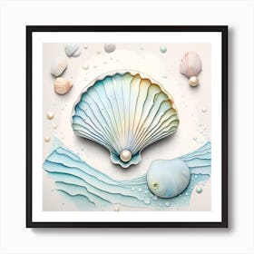 Sea Shells And Pearls watercolor dripping Art Print