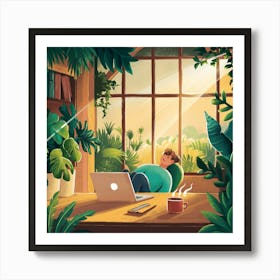 Illustration Of A Man Working At Home Art Print