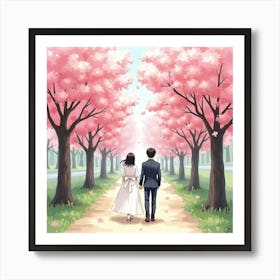 Japanese Couple Walking Hand In Hand Under A Canopy Of Sakura Trees In Full Bloom, Watercolor Art Print