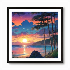 Serene Sunset View Over a Tranquil Ocean From a Lush Tropical Forest 1 Art Print
