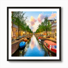 Amsterdam Canal Summer Aerial View Painting Art Print
