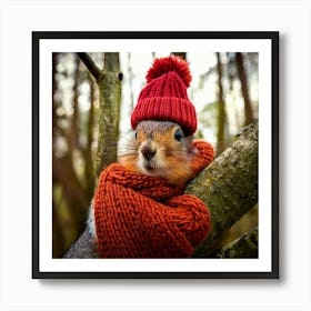 Firefly Squirrel, Closeup, Cute, Knitted, Hat, Scarf, Branch, Tree, Autumn, Cozy, Woodland, Nature, (9) Art Print