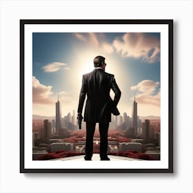 The Image Depicts A Man In A Black Suit And Helmet Standing In Front Of A Large, Modern Cityscape 4 Art Print