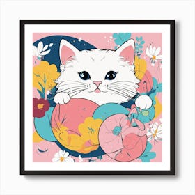 White Cat With Flowers Art Print