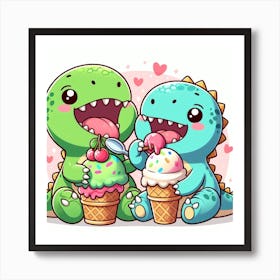 Cute Dinosaurs Eating Ice Cream Art Print