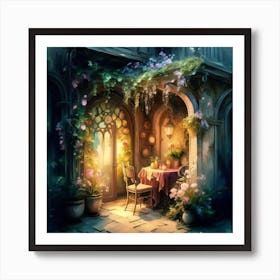 Quiet and attractive dining nook, overgrown flowers, high quality, detailed, highly 3D, elegant carved cart, 20 Art Print