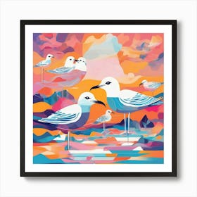 Seagulls At Sunset 1 Art Print