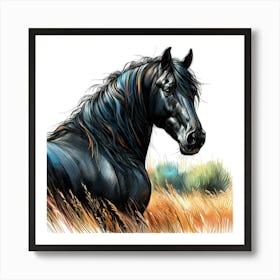 Wild Black Mustang Horse In The Gras Color Drawing Art Print