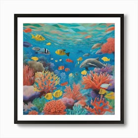 David Hockney Style: A Vibrant Coral Reef Teeming With Marine Life 5 Art Print