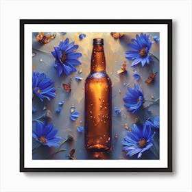 Beer Bottle With Blue Flowers Art Print