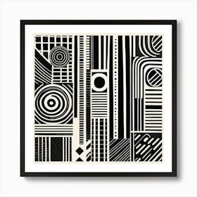 Retro Inspired Linocut Abstract Shapes Black And White Colors art, 231 Art Print