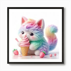Rainbow Kitten Eating Ice Cream Art Print