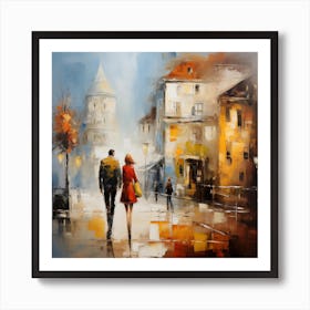 Couple Walking In The Rain Art Print