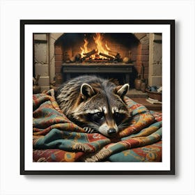 Raccoon In Front Of Fireplace Art Print