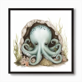 Storybook Style Octopus Relaxing In An Underwater Cave 2 Art Print