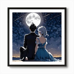 Moon And Stars, A Single Elegant Line Drawing Of A Men And Woman Art Of Sitting To Gather Alone Back Side Pose Art Print