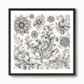 Floral Ornaments In Black And White Art Print