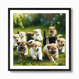 Puppies Running In The Grass Art Print