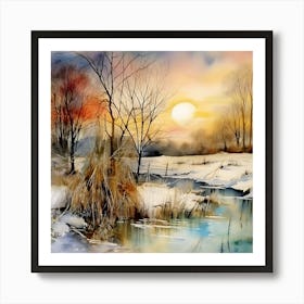 Winter Landscape Watercolor Painting Art Print