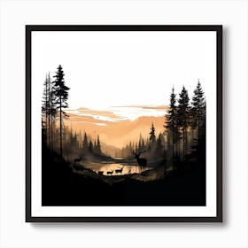Silhouetted Stags By The Lake Art Print