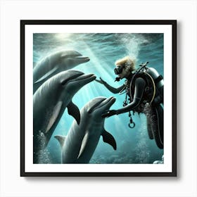 Scuba Diver With Dolphins Art Print