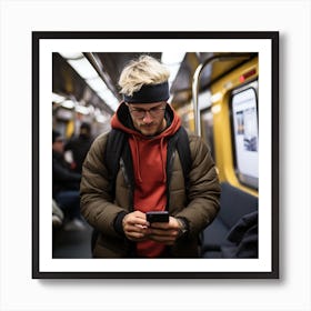 Young Man On A Subway Looking At His Phone Art Print