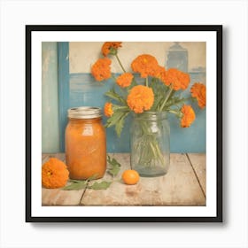 Rustic Orange Marigolds in Mason Jar: Farmhouse Kitchen Wall Art Art Print